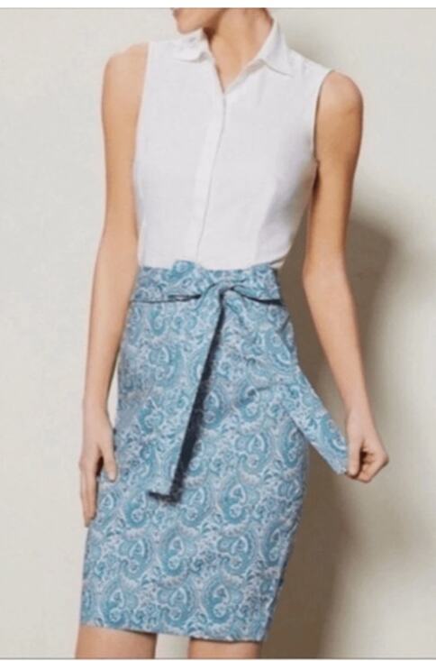 ANTONIO MELANI Dresses & Skirts - Antonio Melani Paisley Print Pencil Skirt Blue Cotton Tie Belt Size 10 NWT